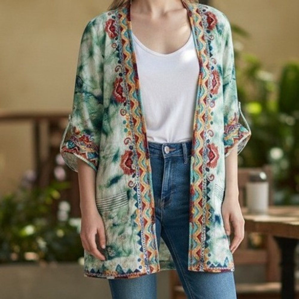 Johnny Was Workshop Green Tie Dyeβ Embroidered Linen Kimono Cardigan Small